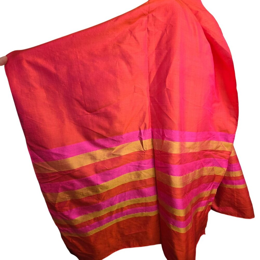 Vintage Pink Orange Handwoven Raw Silk Scarf/Shawl With Fuchsia Stripes HS242 - Picture 8 of 10